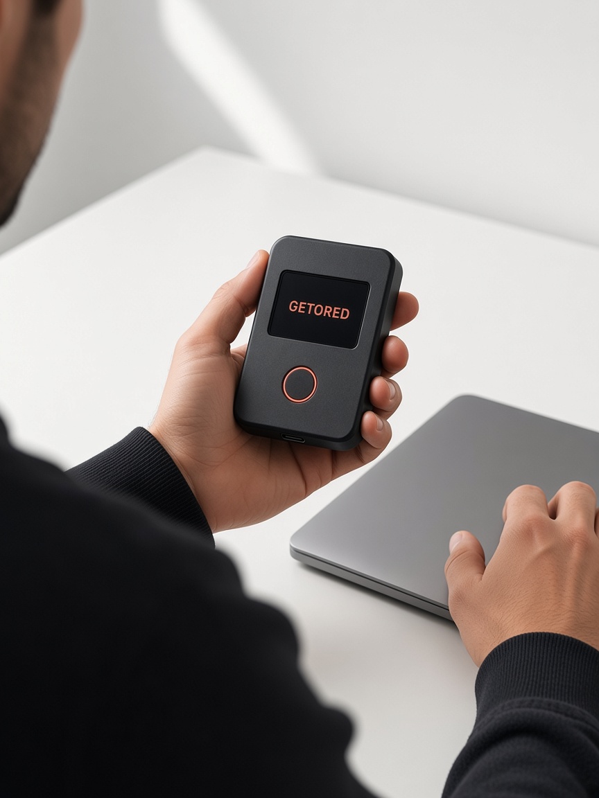 GETORED hardware wallet held at a white desk
