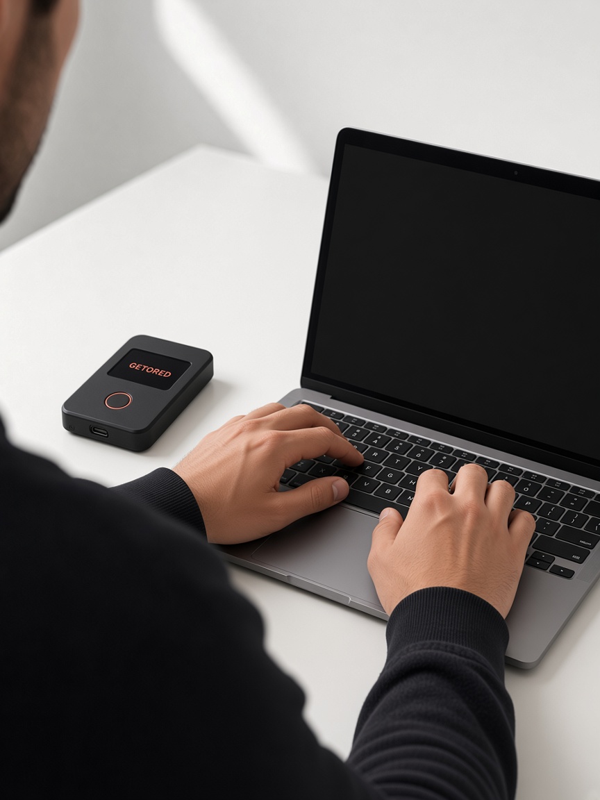 GETORED beside a laptop during quiet use